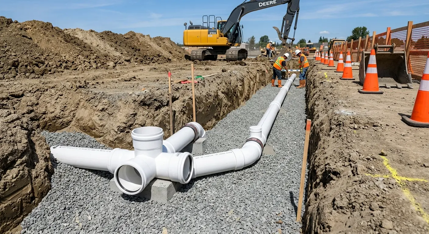 New PVC sewer pipe installation in open trench for Sewer Backup in Otsego