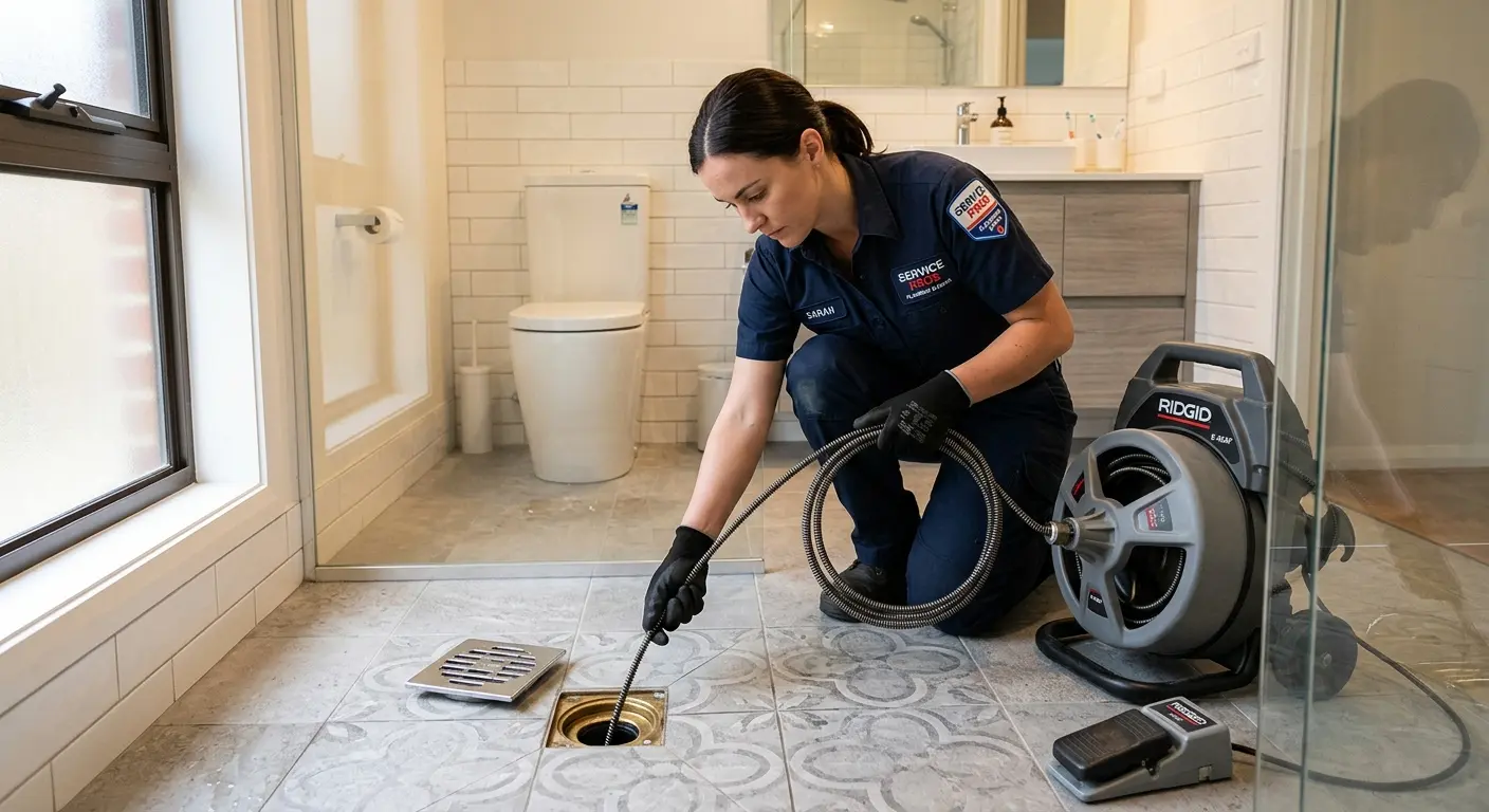 Technician clearing a bathroom floor drain for Drain Cleaning in Otsego